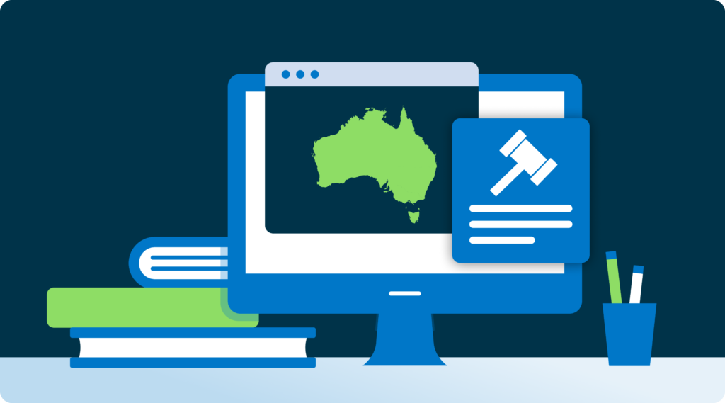 Australia outline alongside a legal gavel